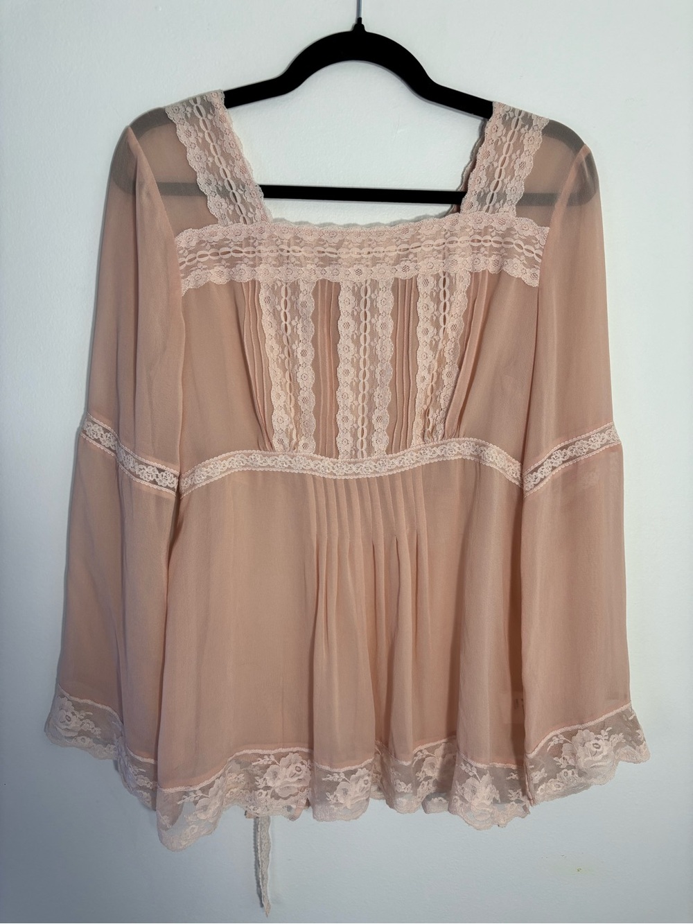 Moiselle 100% Silk Women's Blush Lace-Trim Peasant Top